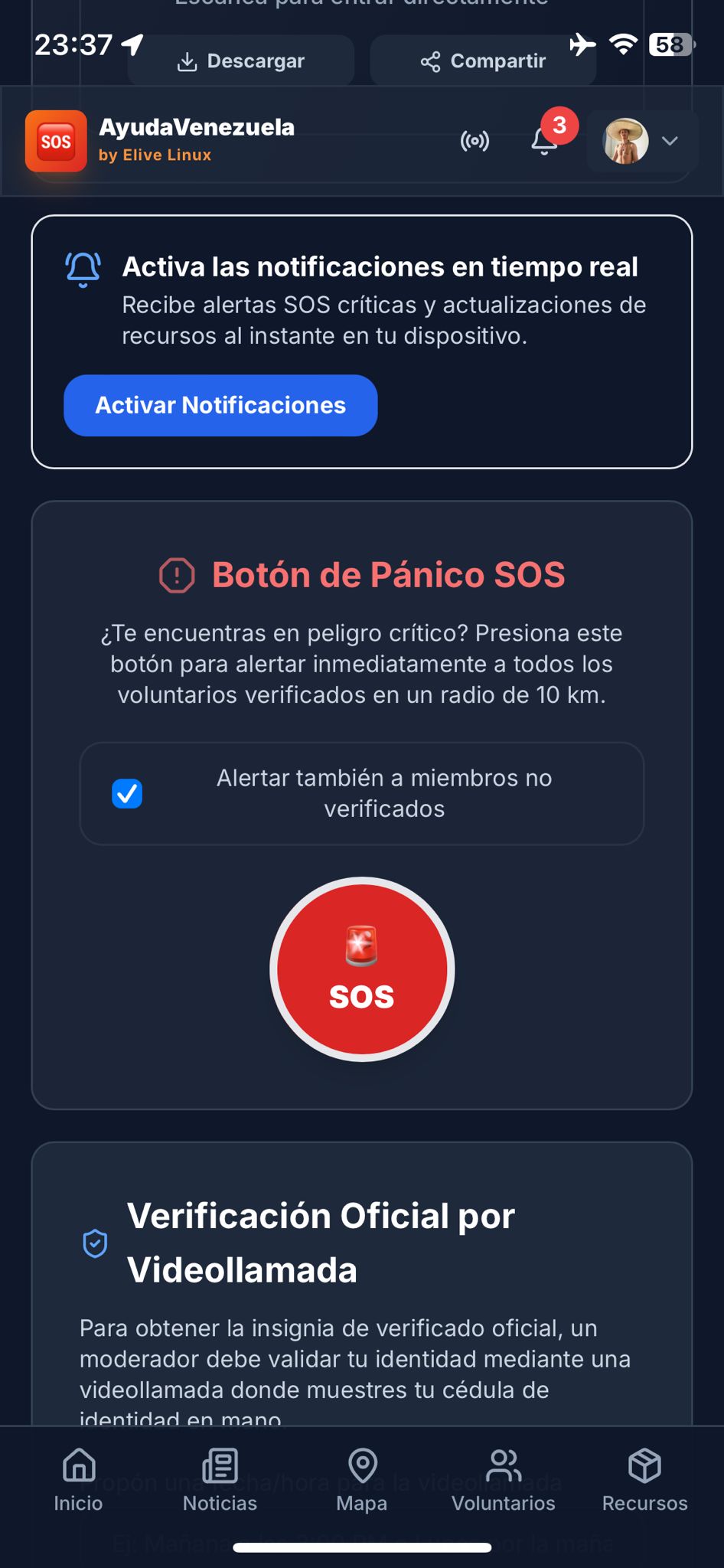 Botón SOS en la app AyudaVenezuela